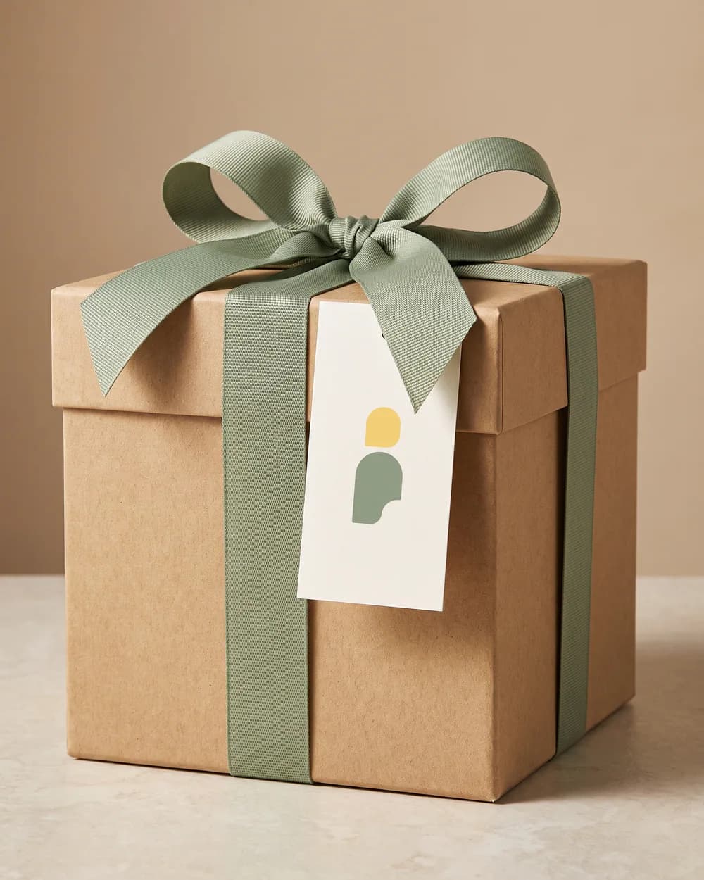Gifts collection with sage ribbon and Kindly Objects icon on a kraft gift box — AI concept render