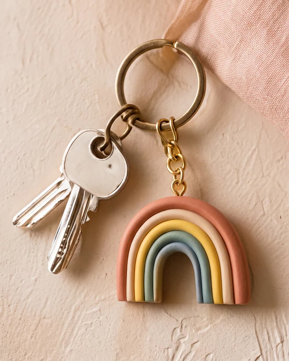 Little Objects collection with a rainbow arch keychain and brass keys — AI concept render