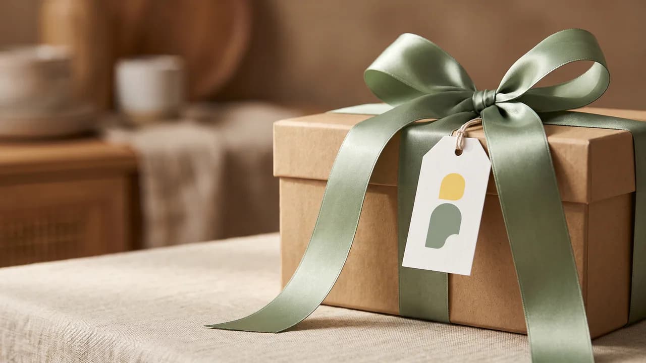 An oat gift box with a sage satin bow and a Kindly Objects icon tag — AI concept render