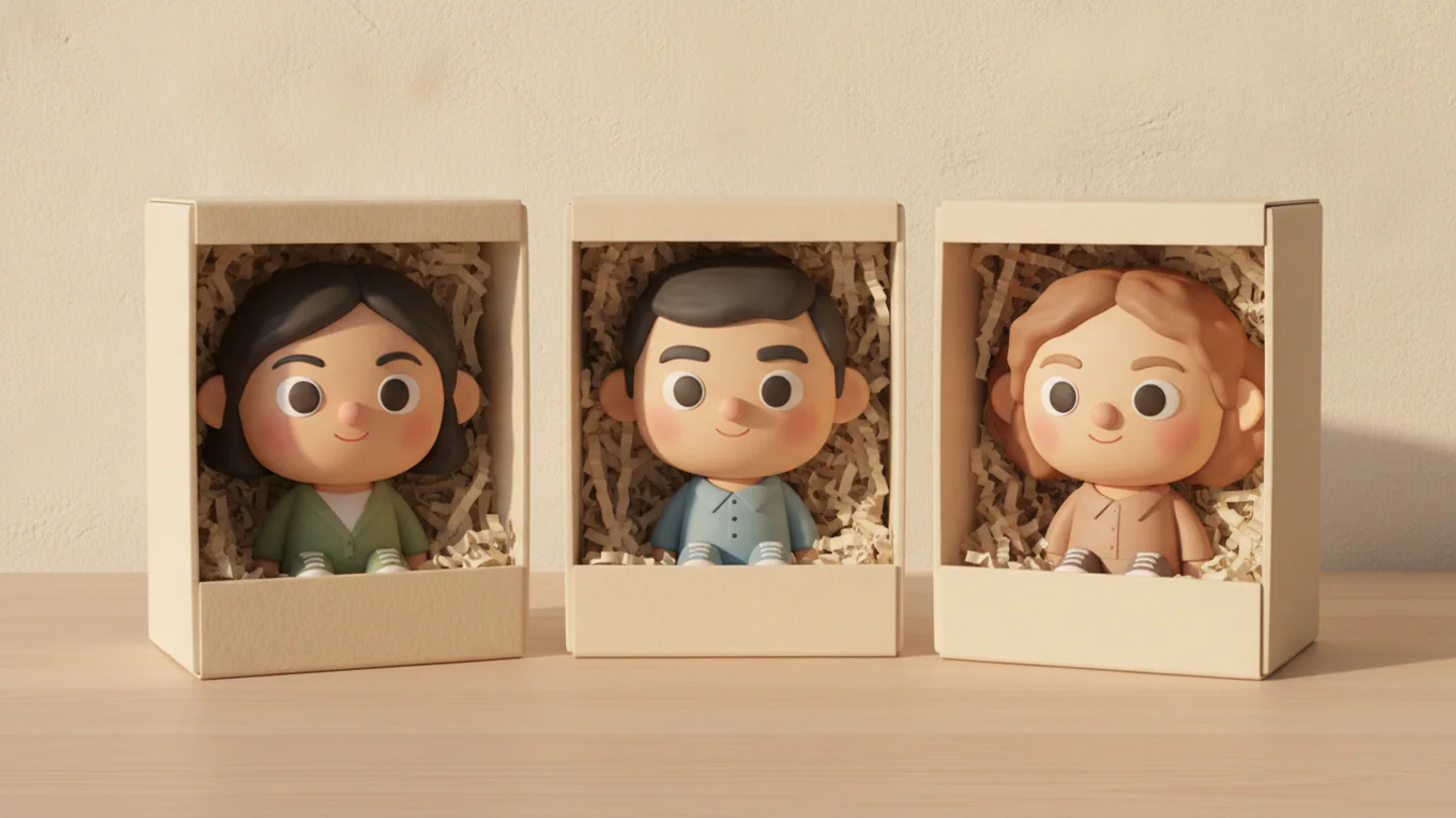Three boxed employee figurines with individual hairstyles and clearly detailed smiling faces — AI concept render