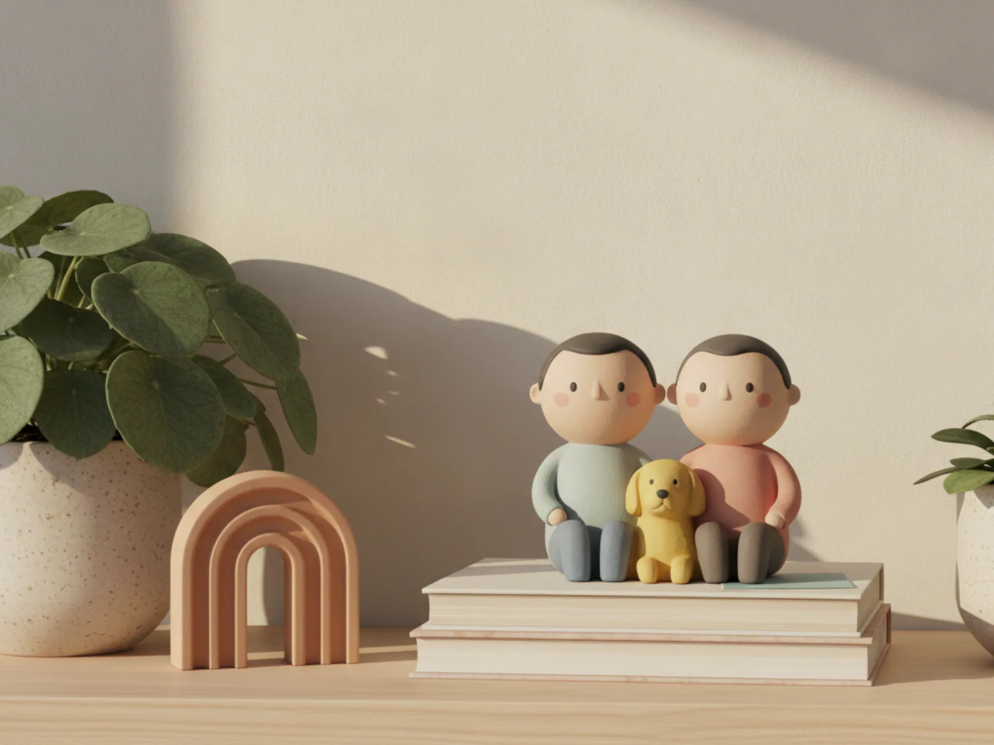 A couple and a dog figurine seated on stacked books beside a clay arch and a planter — AI concept render