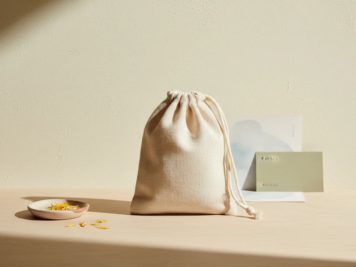 An undyed cotton drawstring pouch on a timber surface — AI concept render