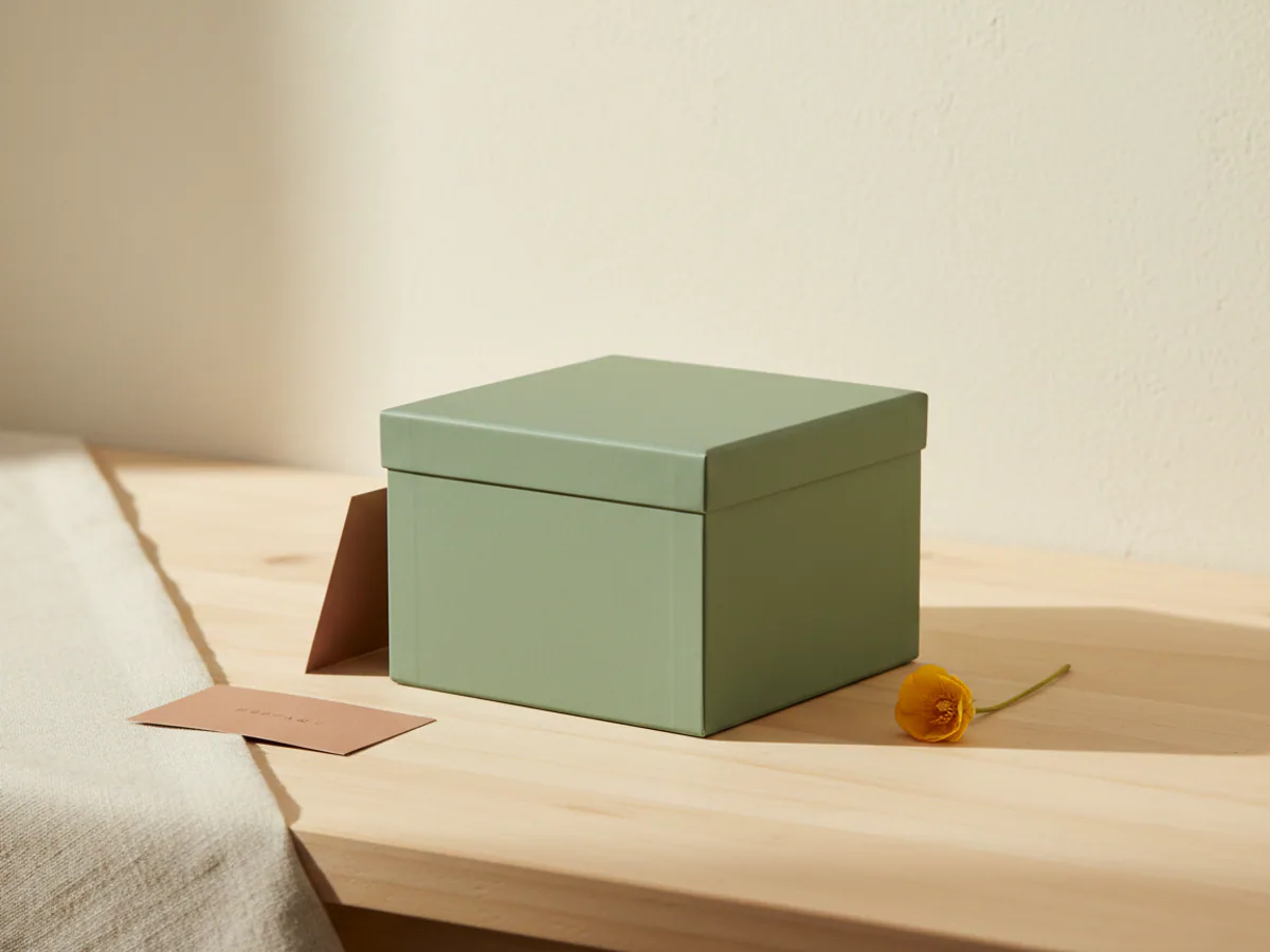 A sage-green rigid gift box with its lid on — AI concept render