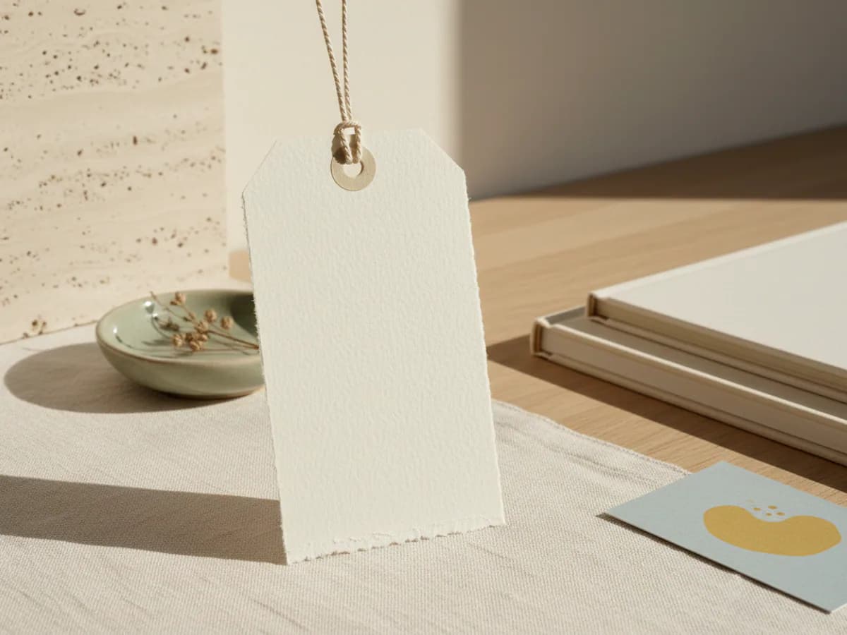 A blank textured paper hang tag on a cotton cord — AI concept render