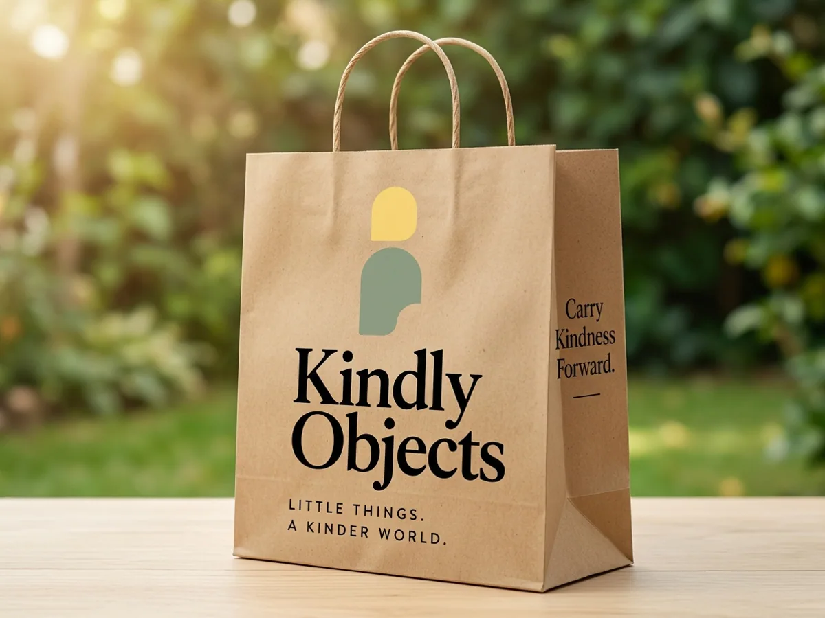 Kraft shopping bag with rope handles and printed Kindly Objects branding — AI concept render