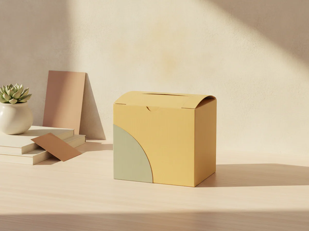 A small buttercup-yellow box with a curved lid — AI concept render