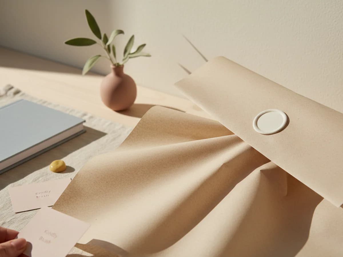 Folded unbleached tissue paper with a plain paper seal — AI concept render
