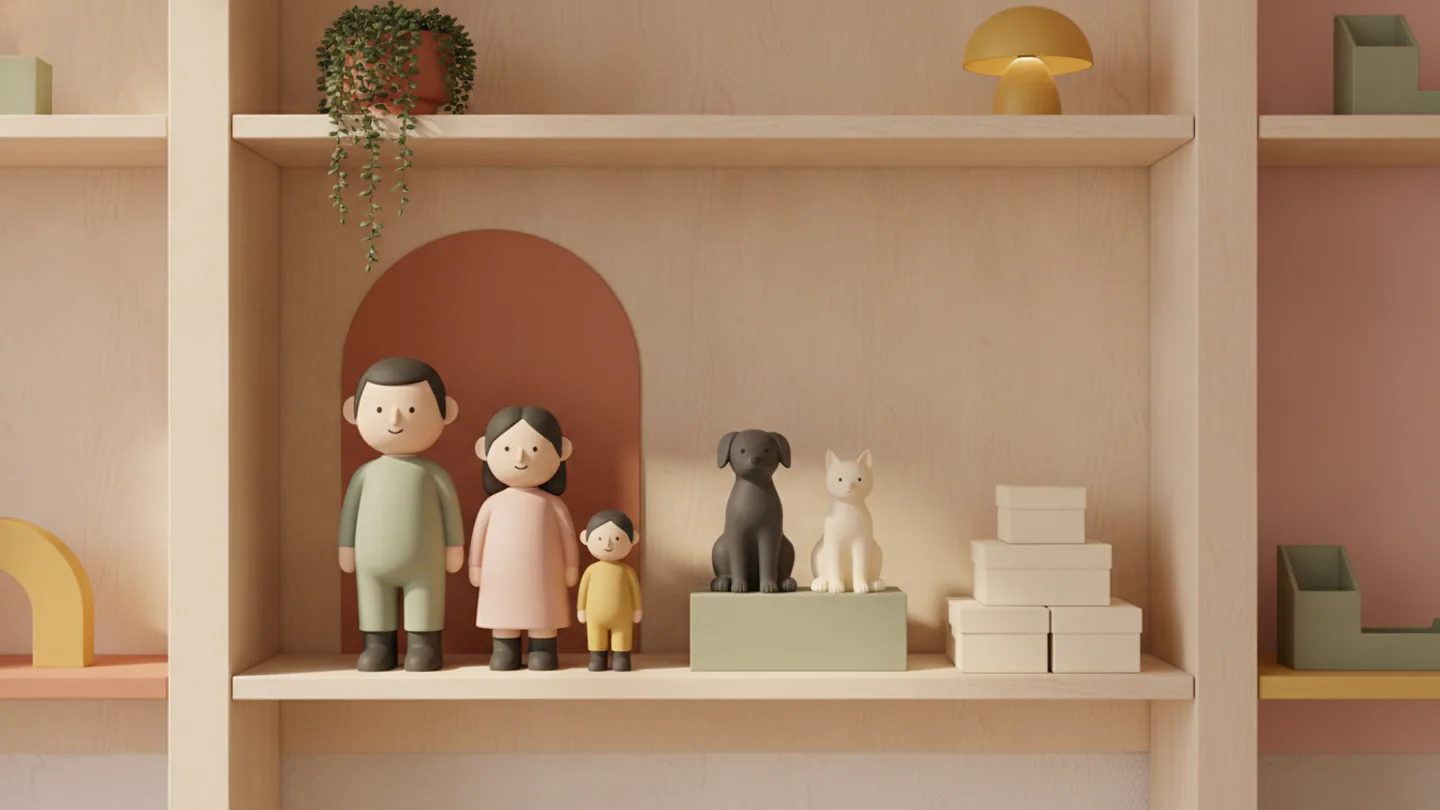 A warm concept store display wall — a personalized family figurine group, a dog and a cat figurine, and stacked blank cream gift boxes on pale timber shelving — AI concept render