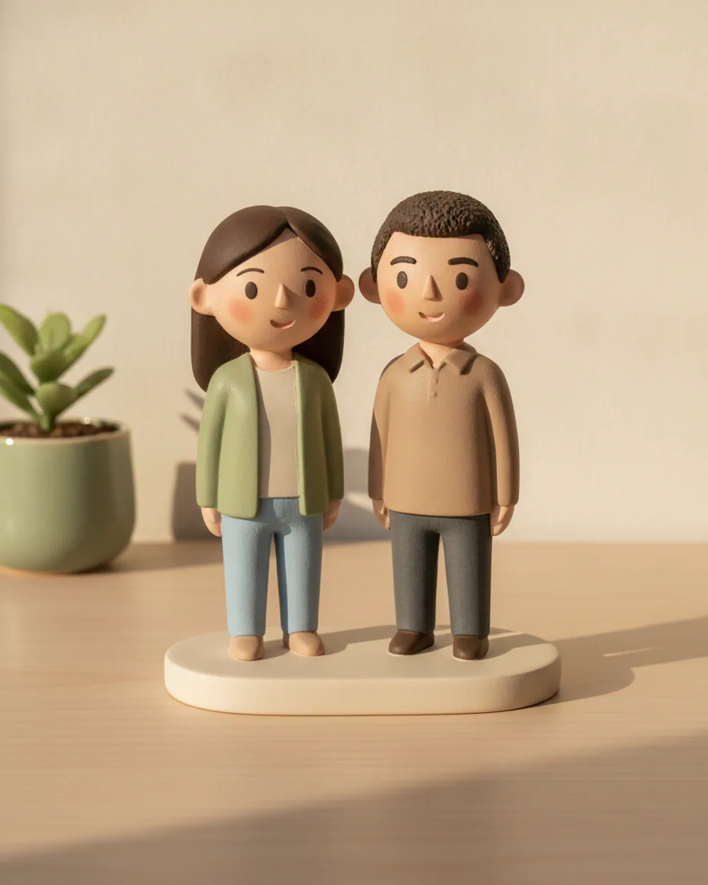 Two personalized figurines with distinct hairstyles and warm smiling faces on a pale timber desk — AI concept render