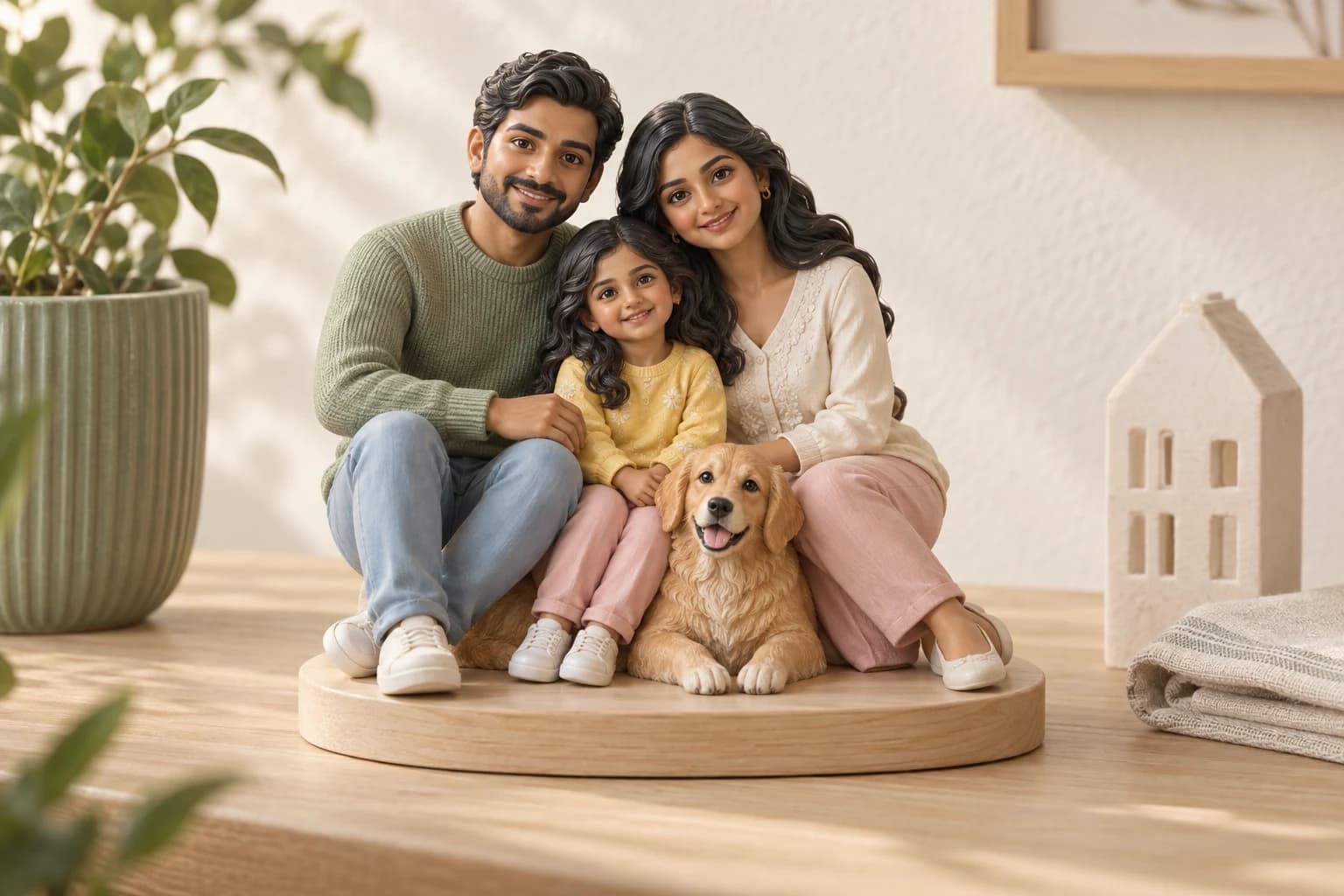 A smiling family and golden retriever keepsake with detailed faces, beside a planter and miniature home — AI concept render