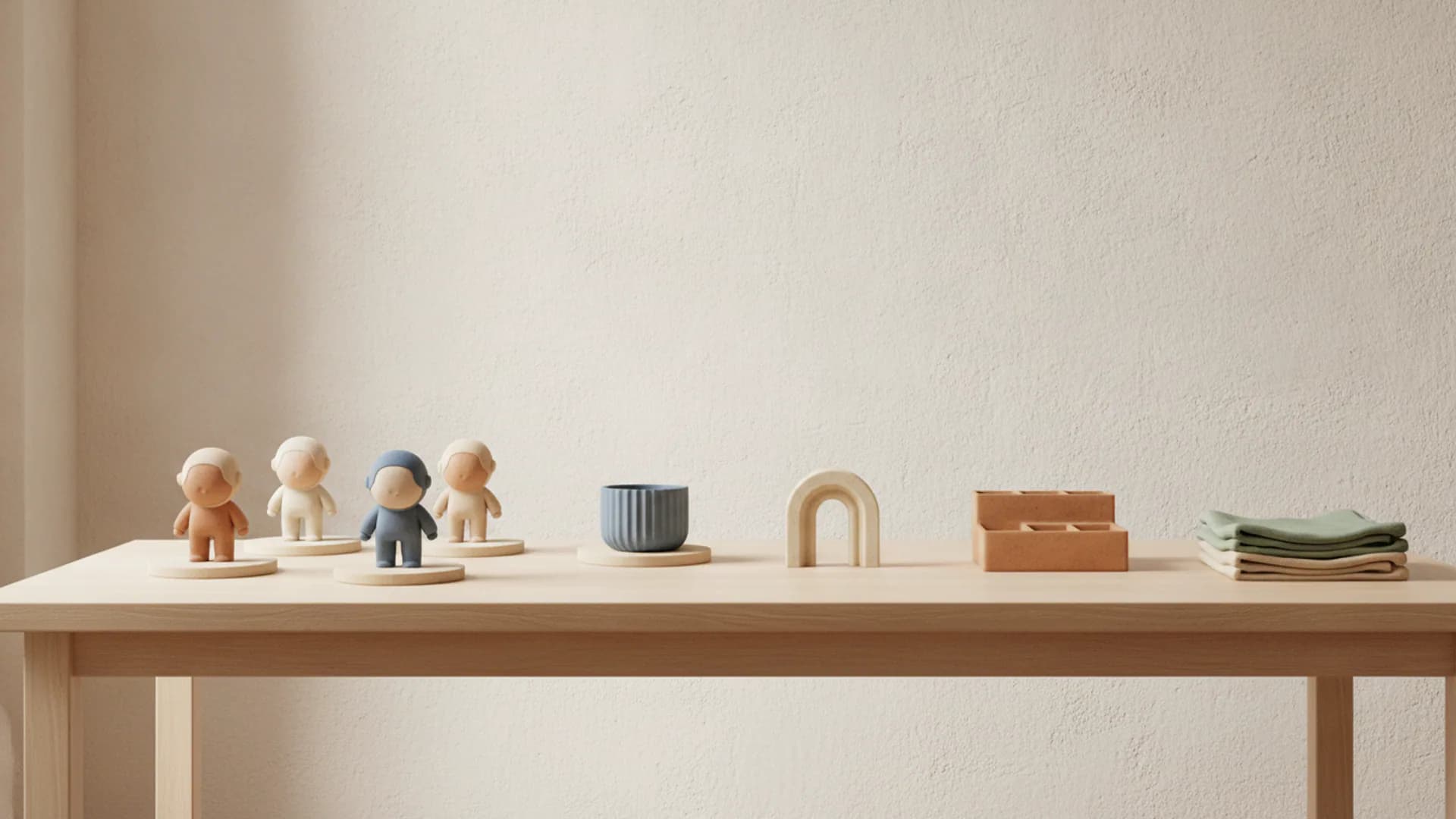 A range of finished objects and figurines on a long finishing table in daylight — AI concept render
