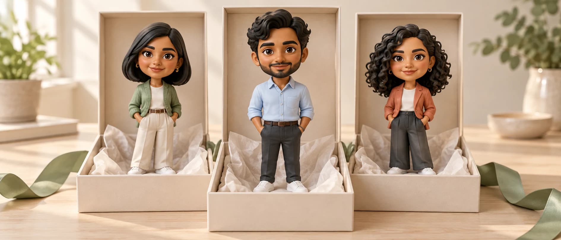 Three individually styled employee figurines with expressive faces in presentation boxes for team gifting — AI concept render