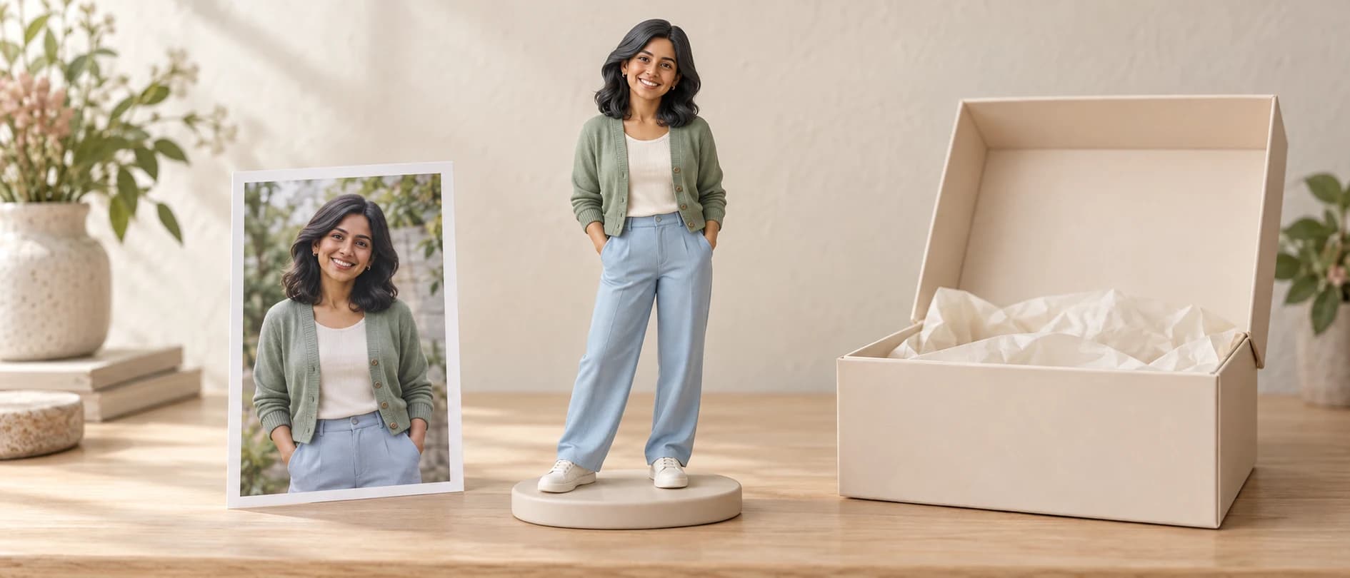 A portrait, a matching smiling woman figurine and an open gift box illustrating the photo-to-keepsake journey — AI concept render
