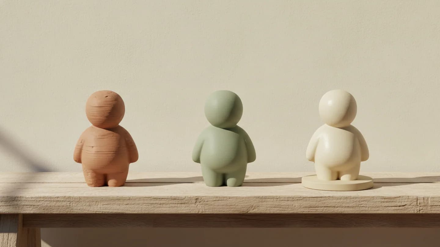 Three stylised figurines of increasing refinement in a row on a pale timber bench — AI concept render