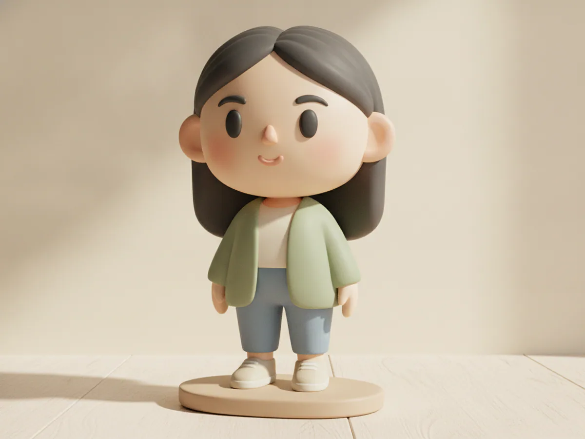 Three-quarter view of the same smiling woman figurine, showing its tactile matte finish — AI concept render