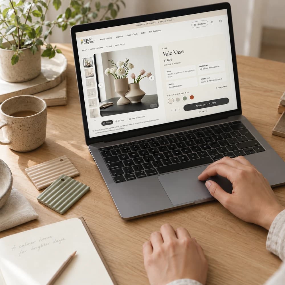 Generated process scene: hands at a laptop displaying the Kindly Objects website beside oat and sage finish swatches